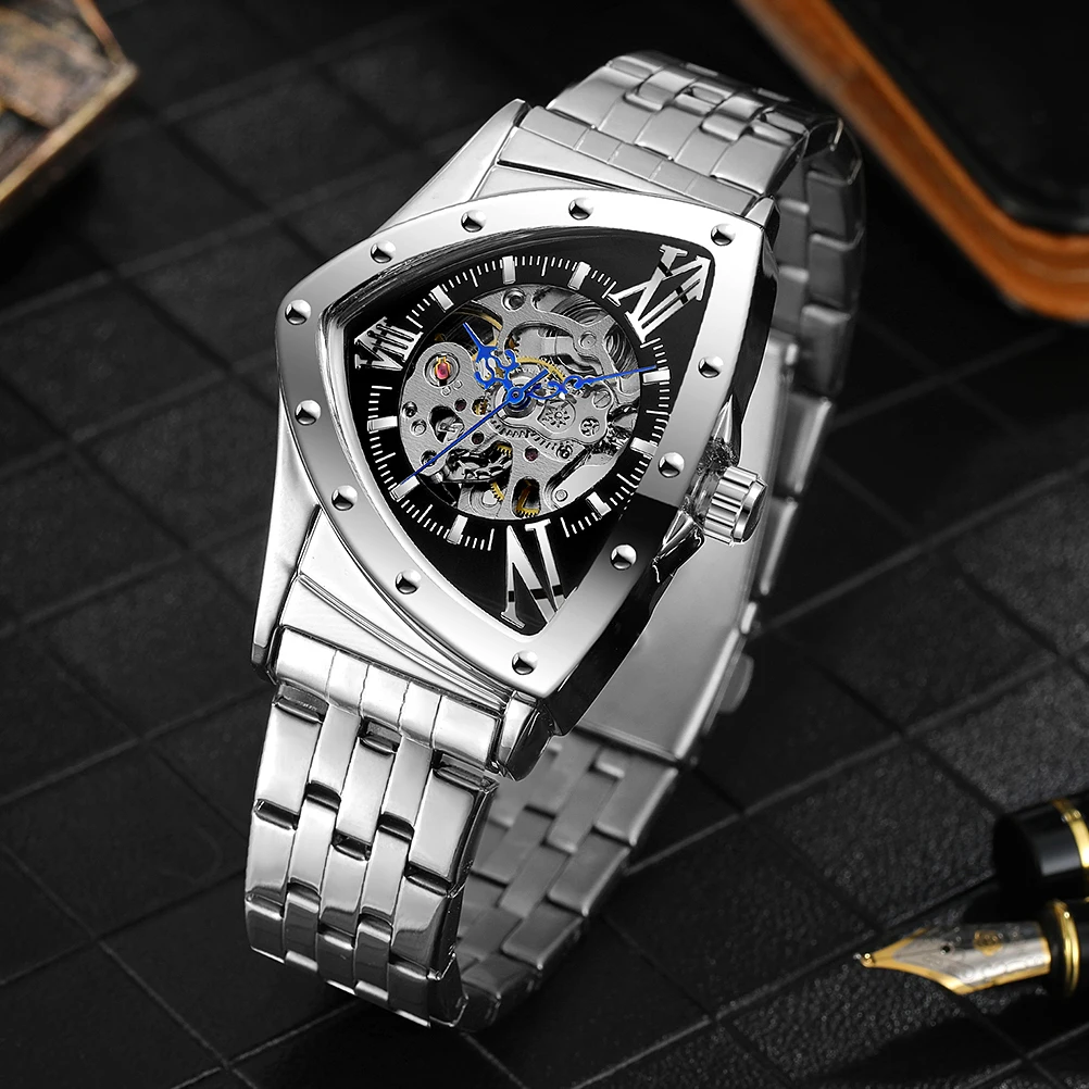 Forsining Military Triangle Skeleton Automatic Watch for Men Gold Sports Mechanical Watches Luxury Stainless Steel Strap Luminou