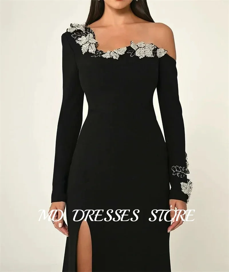 

MD Black Formal Evening Dresses Long Sleeves Applique Side Split Soft Satin Prom Gowns Dubai Arabic Women Vestidos Customized