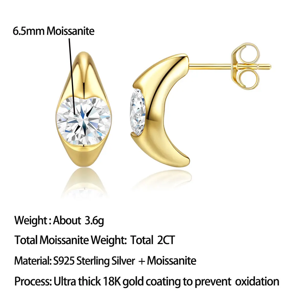 LinkerLove 2CT Moissanite Stud Earrings for Women 925 Sterling Silver Crescent Moon Shape Diamond Earrings Wedding Fine Jewelry