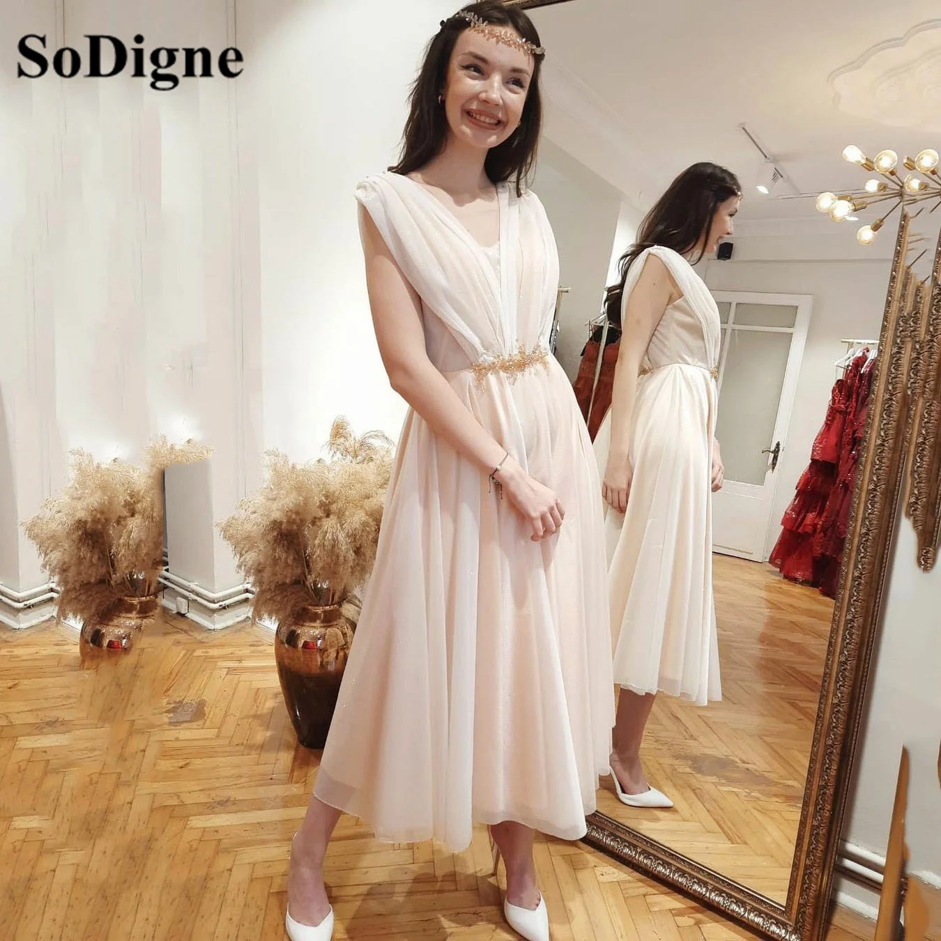 

SoDigne Elegant Tulle Prom Dresses Beads Belt Formal Evening Gowns Pleats Tea-Length Short Women Party Dress 2022