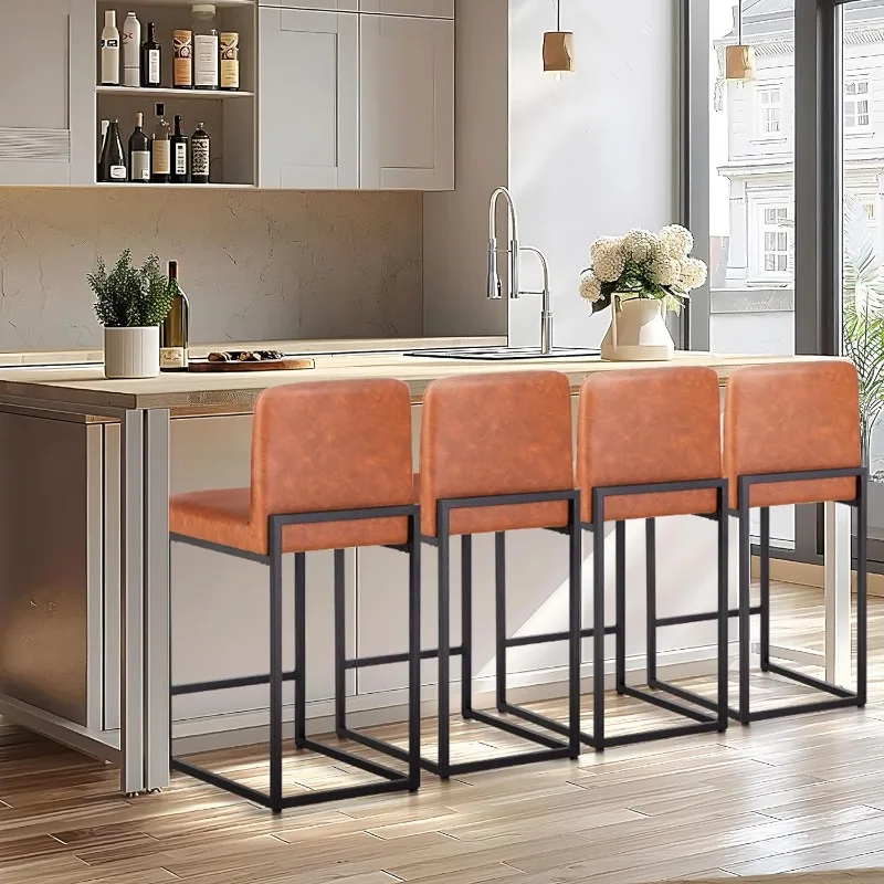 24” Bar Stools Set of 4 Counter Height Bar Stool Pu Leather Kitchen Modern Bar Stools with Backrest Upholstered Footrest Sturdy