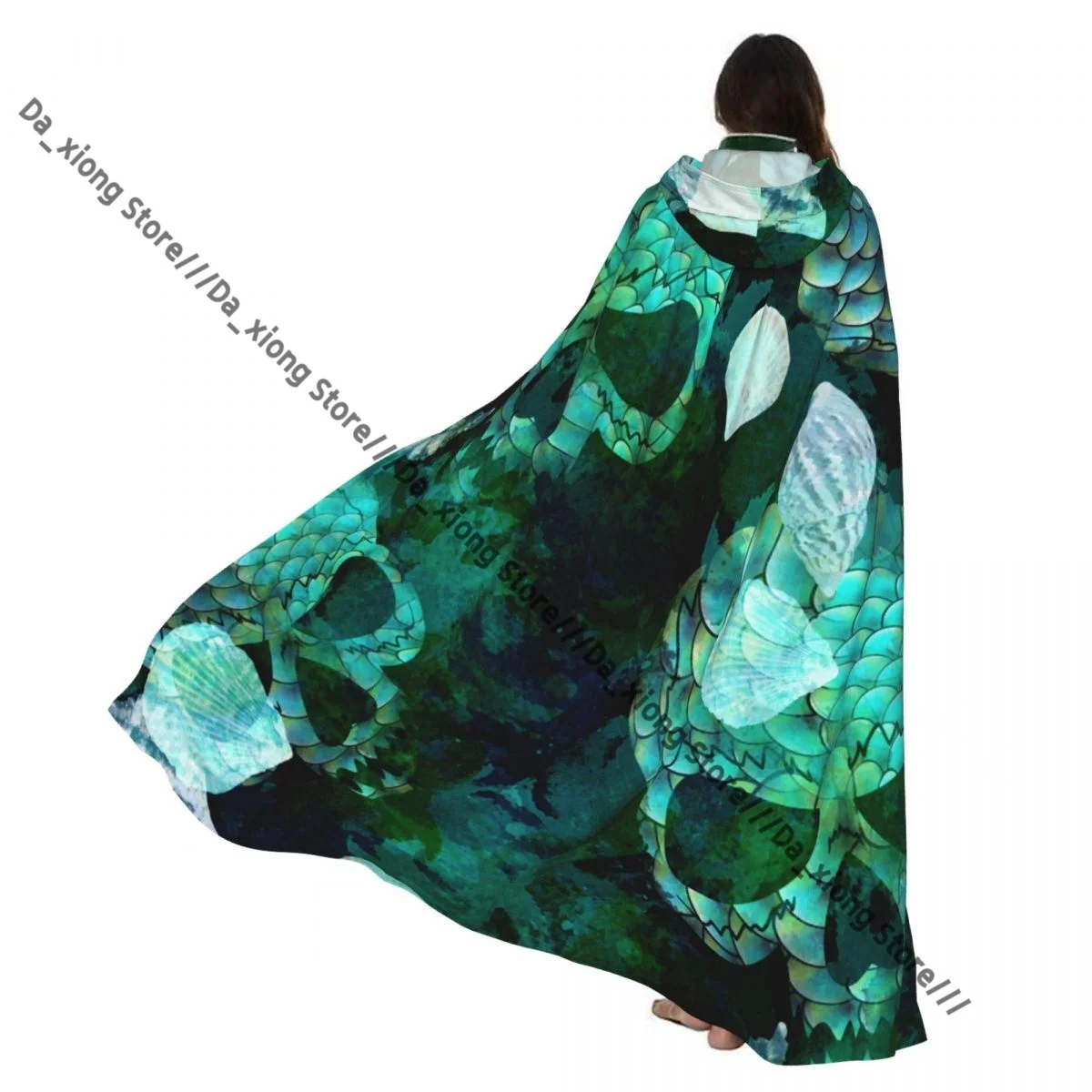 

Mermaid Scale Seashells Skulls Witch Cloak Hooded Cosplay Costume Halloween Adult Long Party Cape