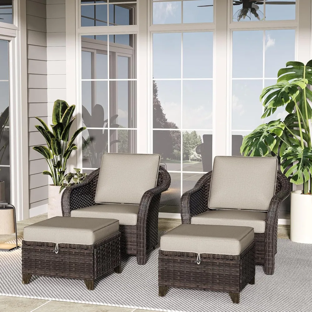 

4 Pieces Patio Outdoor Conversation Furniture Set with Cushions, All-Weather Wicker Ottomans, PE Rattan 2 Chairs for Backyard, D
