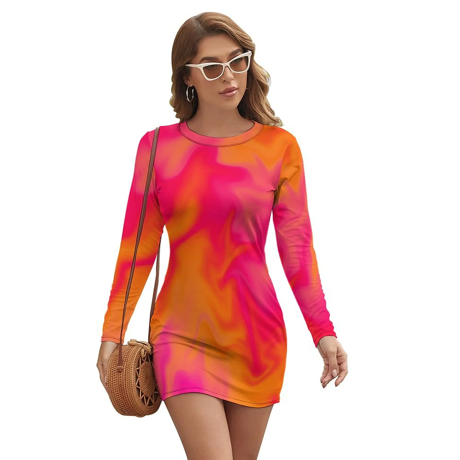 

Pink, Orange, and Red Marble Fusion Design Long-sleeved Dress long dress women summer Long veiled dresses