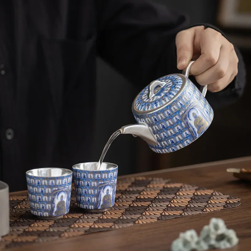 Wanfo high-end handmade silver retro brewing teapot household kung fu tea set, one pot and two cups gift box as a gift