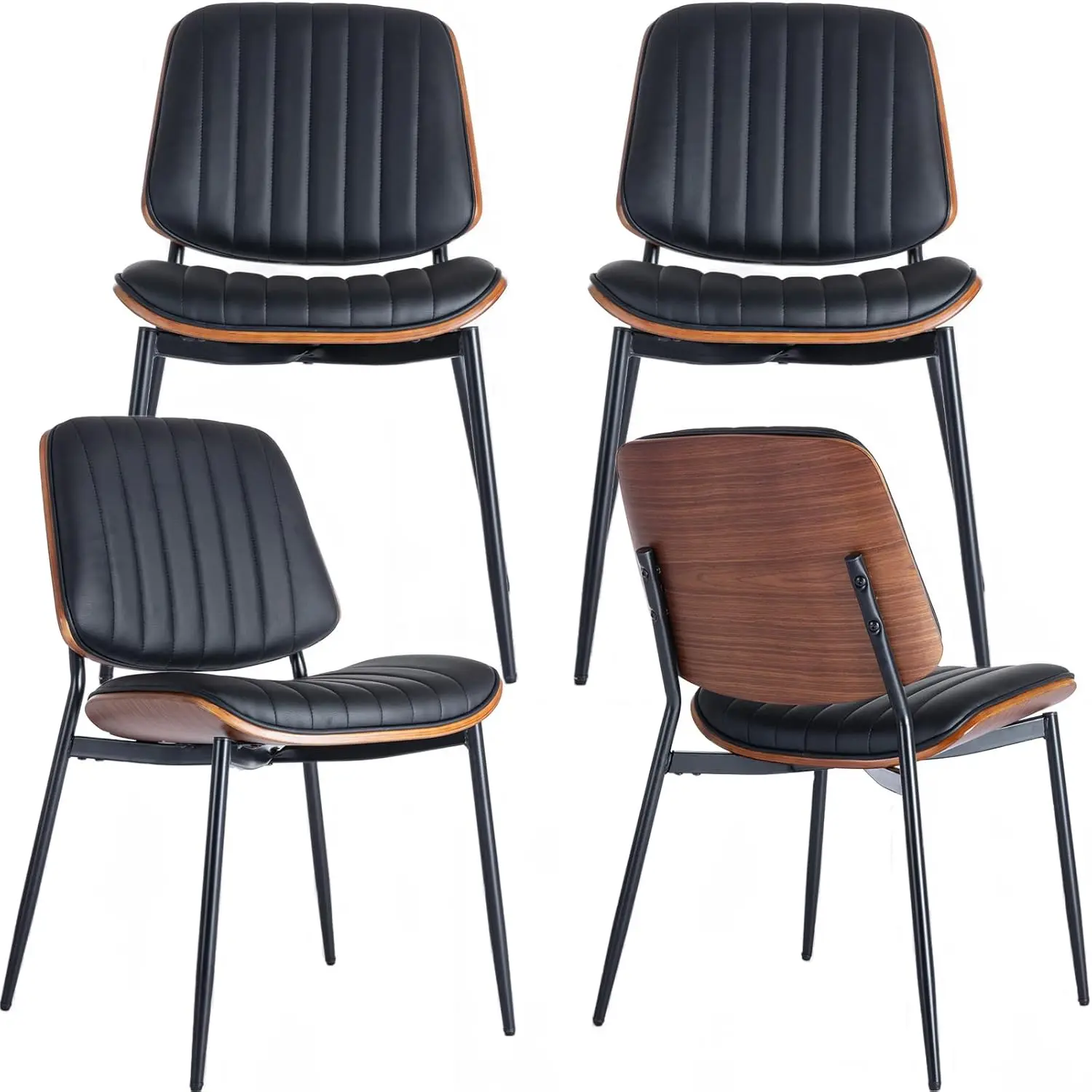 Black PU Leather Mid Century Modern Dining Chairs for Kitchen & Dining Room, Set of 4, Walnut Back & Metal Leg
