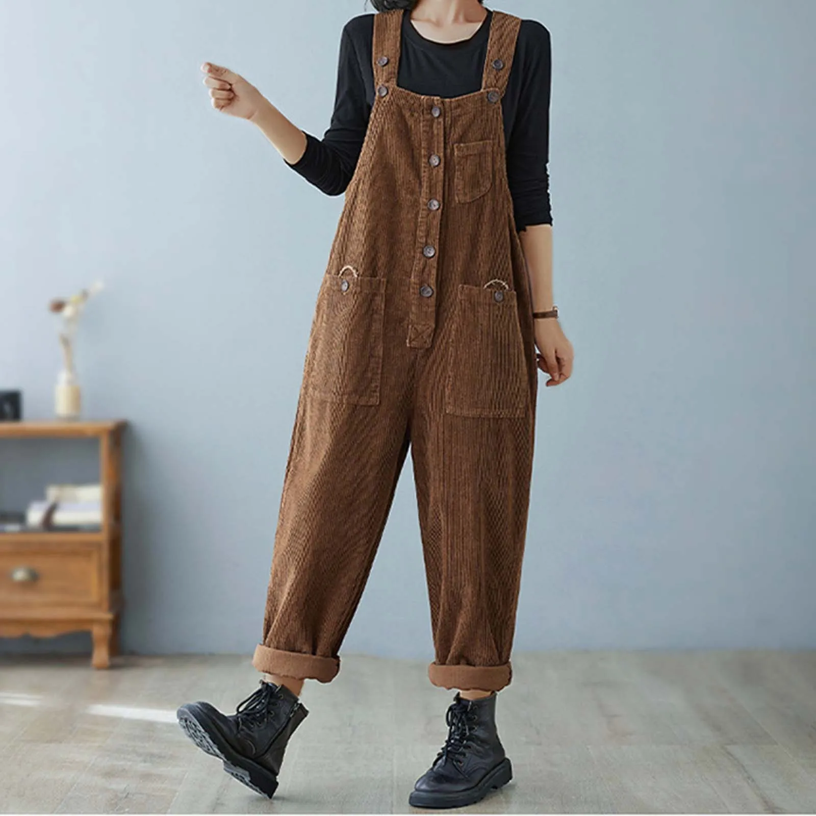 

Vintage Corduroy Jumpsuits Women's Spring Autumn Overalls Casual Suspender Wide Leg Playsuits Female Solid Rompers Trousers