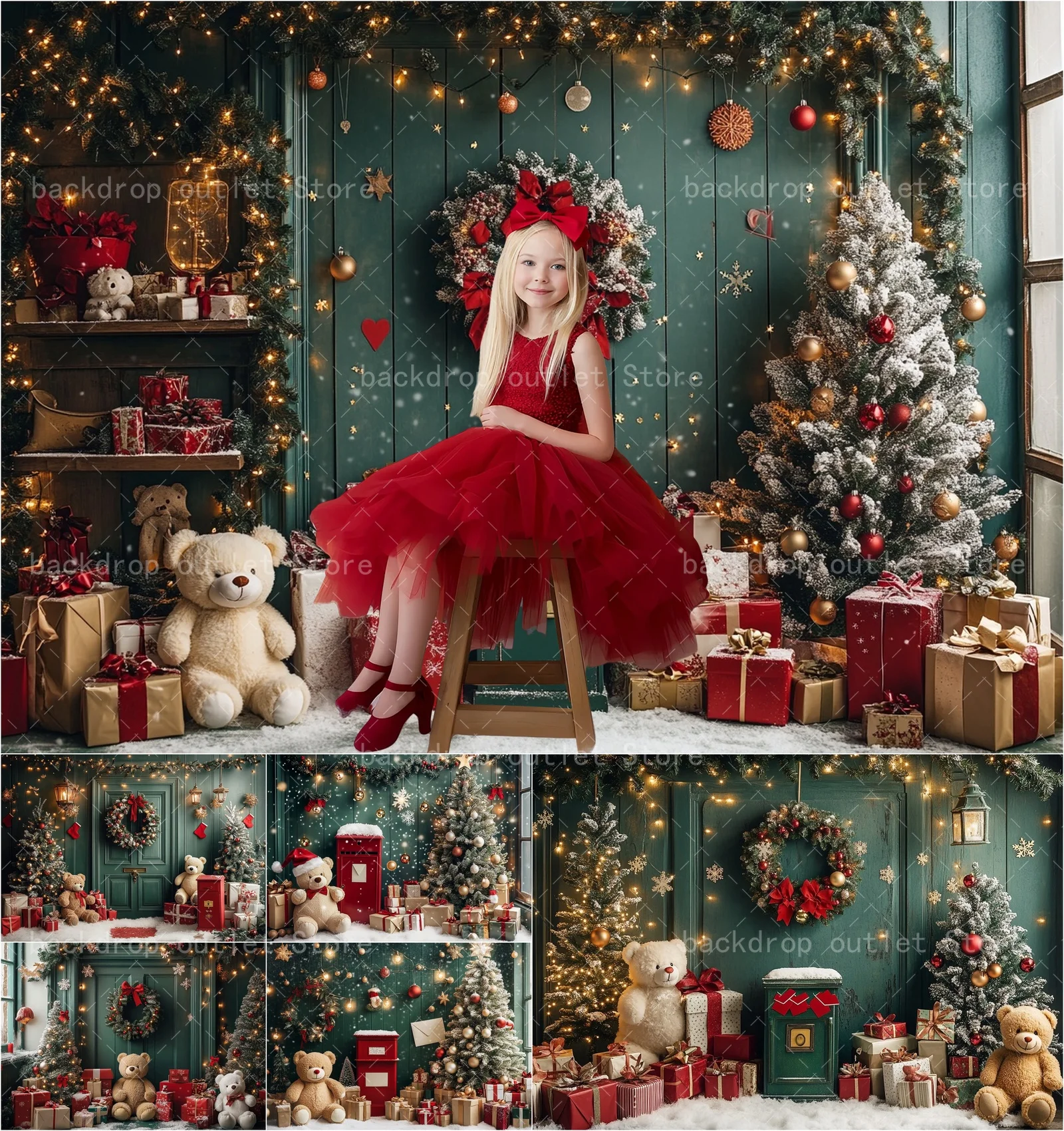 

Mehofond Christmas Photography Background Green Wall Door Wreath Winter Gifts Family Portrait Festival Decor Backdrop