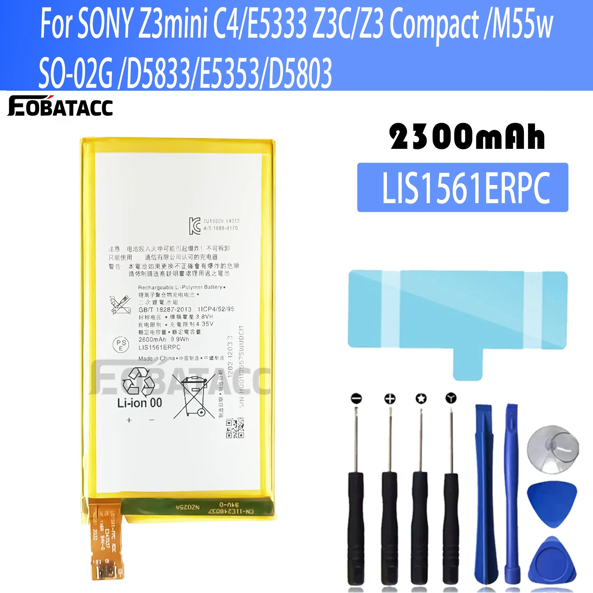 100% New Original Battery LIS1561ERPC For Sony Z3mini C4/E5333 Z3C Z3 Compact M55w so-02G D5833/E5353/D5803 Battery + Free Tools