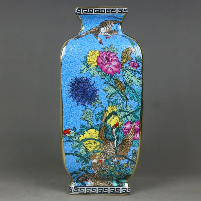 Qing Dynasty Qianlong Enamel Painting Golden Square Flower and Bird Vase Antique Porcelain Collection Vintage Decor