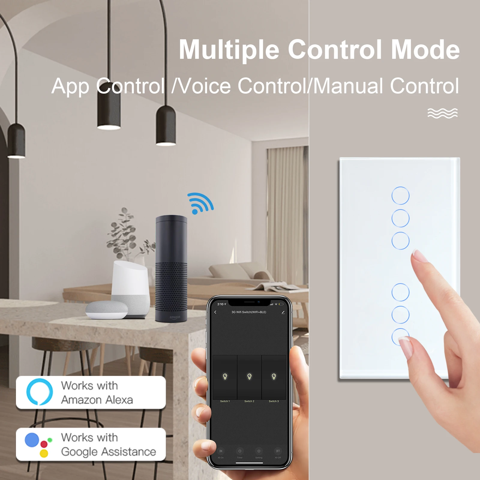 Bseed EU Wifi Smart Touch Switch 2/4/6Gang interruttori della luce a 2 vie funzionano con Tuya Smart Life Alexa Crystal Panel Switch