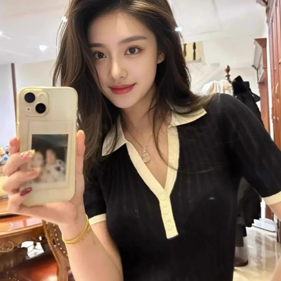 

Women Summer French Vintage Fashion T-shirt V-neck Short Sleeve Casual Slim Elasticity Pullover Tops