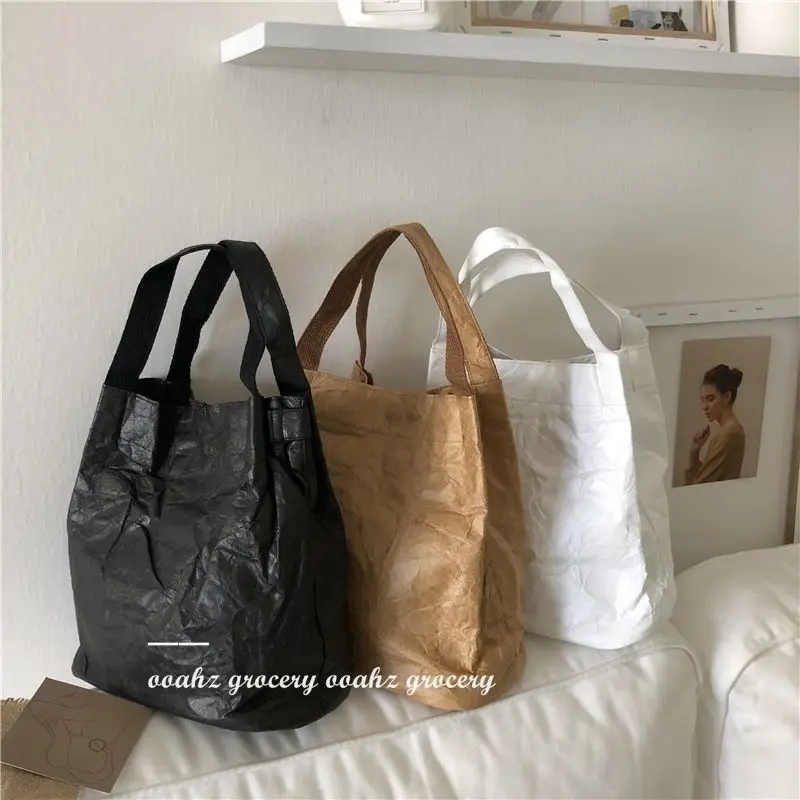 Kraft Paper Bag Women Washable Vintage Folded Corrugated Casual  Zipper SOFT Shoulder Bag Handbag Luxury Bag High-Capacity