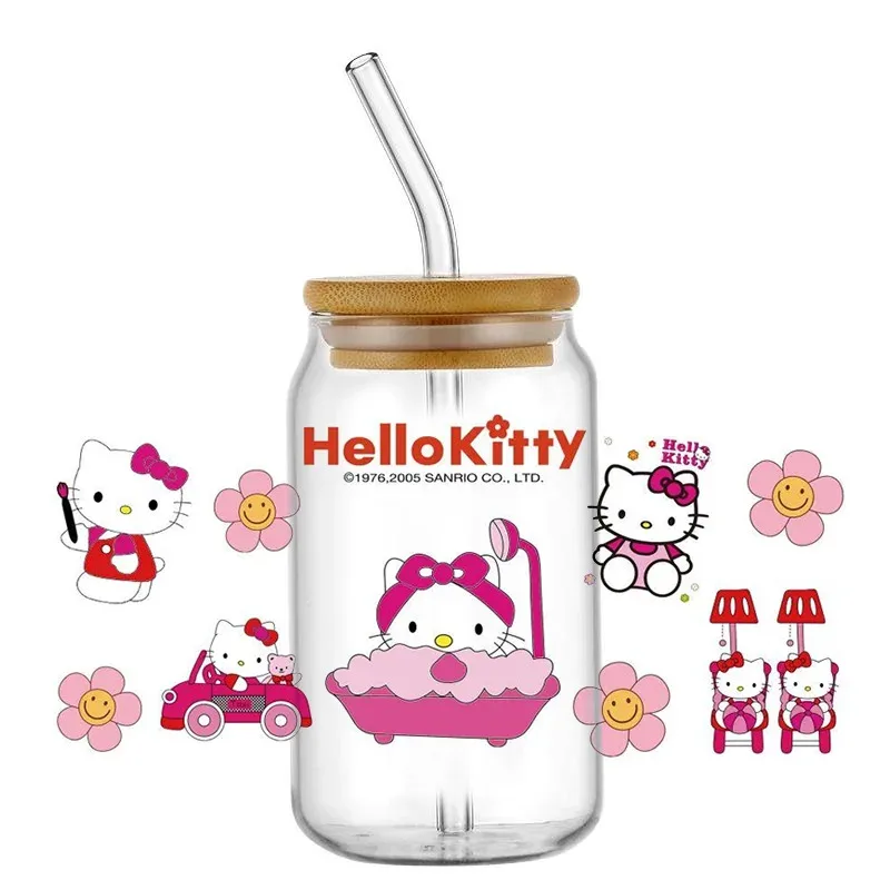 

New Arrival Hello Kitty UV DTF Waterproof Stickers Adorable Cartoon Wrap Decals for 16oz Glass Cups