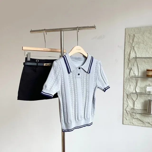 2025Ropa Mujer Gestrickte Frau T-shirts Adrette Sommer Tees Lose Beiläufige Camisetas Vintage Chic Koreanische T-shirt Frauen Kleidung