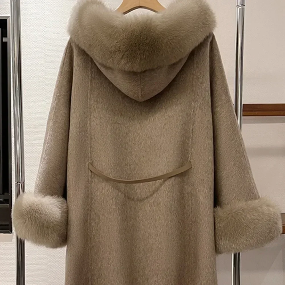 Real Fox Fur Woolen Jacket 2024 New Fashion Winter Women\'s Hooded Belt Warm Luxury Thick Female Coat Cloat Type Batwing Sleeve