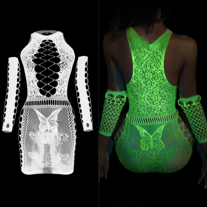 Hot Sexy Crotchless Lingerie Glow In The Dark Fishnet Bodysuit Women Luminous Perspective Jumpsuit Naughty Fantasy Nightwear