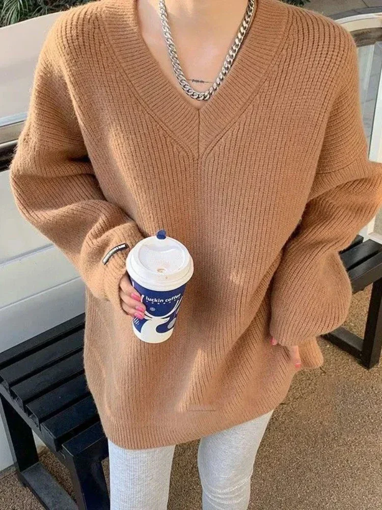 Women\'s Sweater Oversize Autumn Winter Thick Warm V-neck Pullovers Solid Blue White Oversized Loose Fashion Women Sweaters 2024