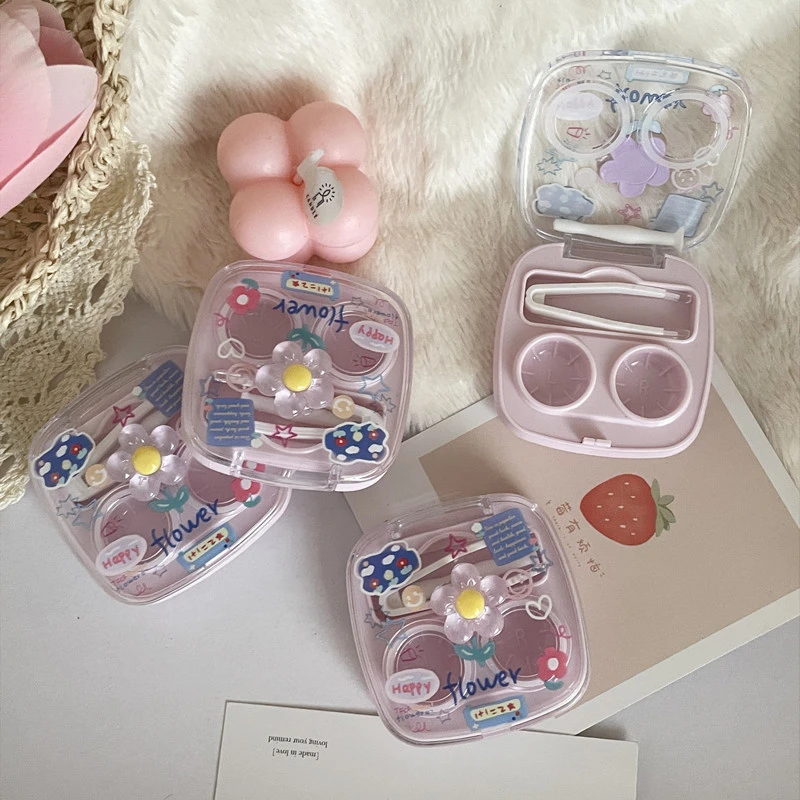 Portable Transparent Flower Contact Lens Case with Travel Companion Box Girls Cute Contact Lenses Case with Mirror and Tweezers