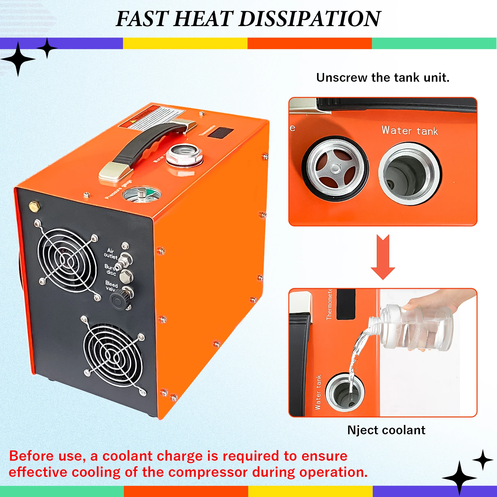 Portable PCP Air Compressor 350W Powerful Motor Max 6000Psi/400bar Water and Fan Cooling 12V Auto Stop Air Compressor