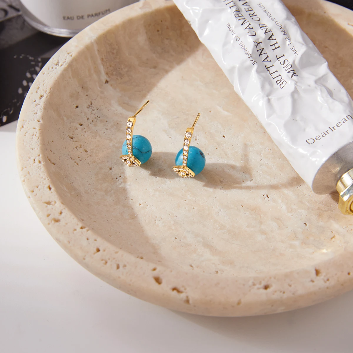 AIKOER Vintage 18K Gold Color Plated Stainless Steel White Zirconia Devil's Eye Blue Turquoise Earrings Women's Jewelry Party Gi