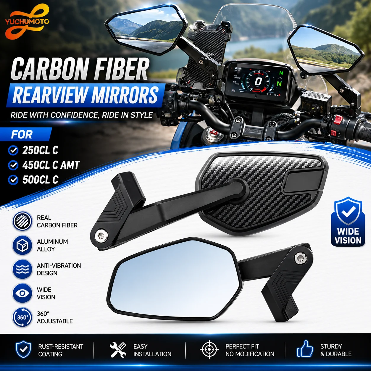 Carbon Fiber Aluminum Alloy new Fit For 250CL C 450CL C AMT 500CL C Motorcycle Side Rearview Carbon Fiber Mirror CNC Accessories