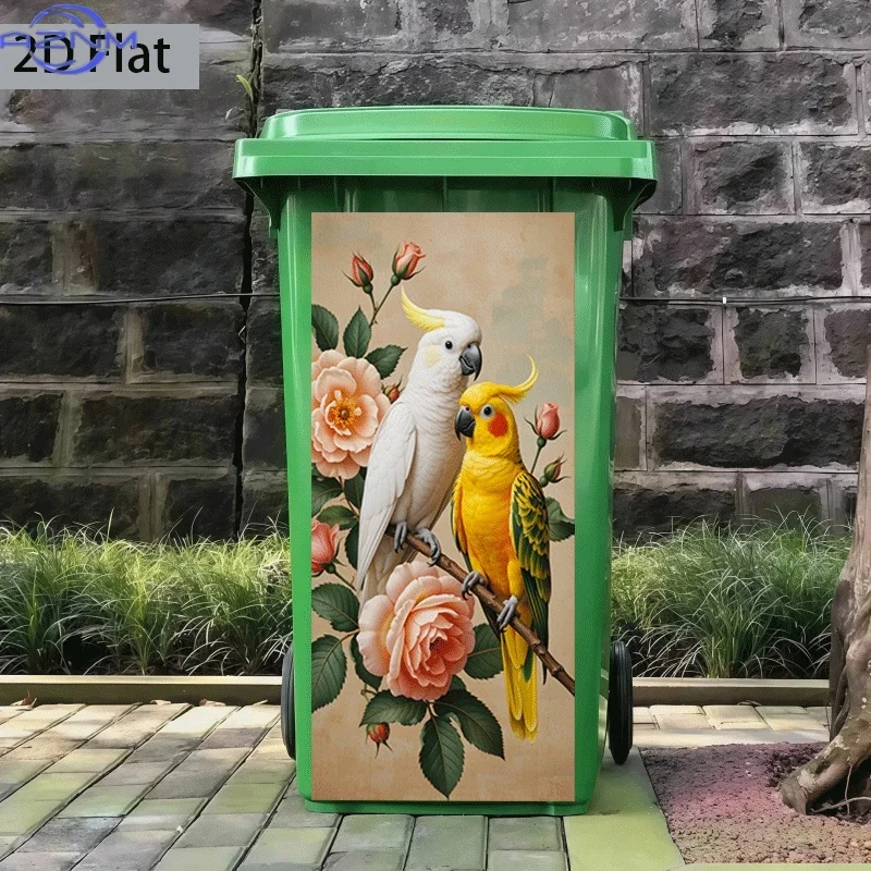 [2D Flat Printing] 1pc Trash Can Sticker  Parrot And Rose Theme Design Wall Sticker Decoration Wallpaper Self-Adhesive Kitchen