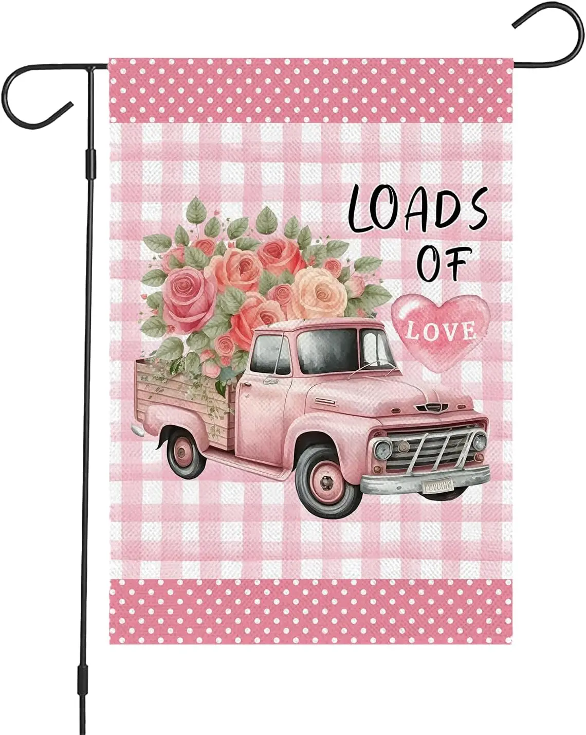 Valentine's Day Garden Flag - 12x18 Inch, Pink Truck with Roses 'Loads of Love' - Charming Gingham Pattern Outdoor D