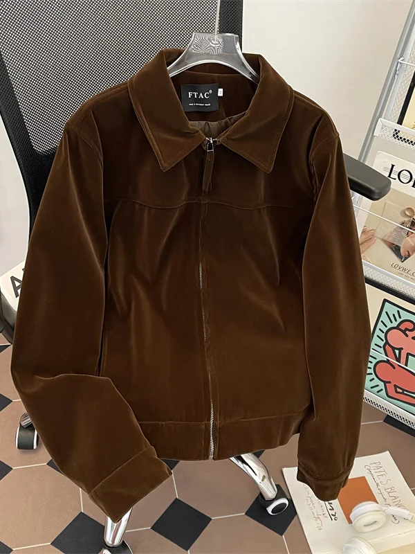 

Мужская повседневная куртка в стиле ретро из замши с отложным воротником, свободного кроя, с подкладкой из полиэфирного волокна, на молнии, длинный рукав