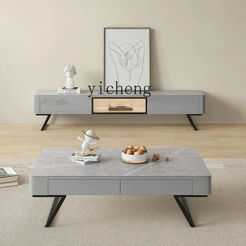 Modern Simple Rock Panel TV Cabinet Coffee Table Combination Small Apartment Living Room Cream Wind Suspended Narrow Model