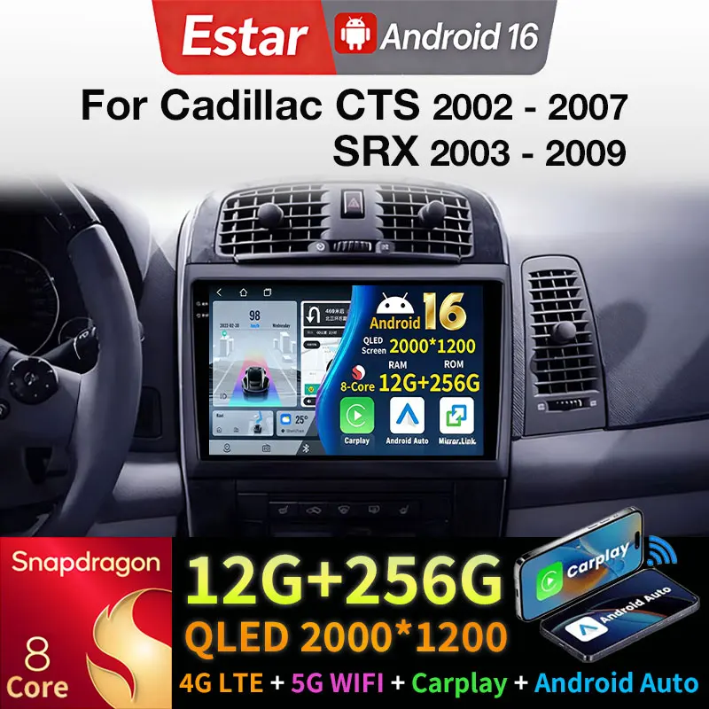 Radio para Auto Android 16 para Cadillac CTS 2002 - 2007 SRX 2003 - 2009, Reproductor Multimedia con GPS, Carplay, Navegación, 5G, Estéreo, Auto BT, DSP