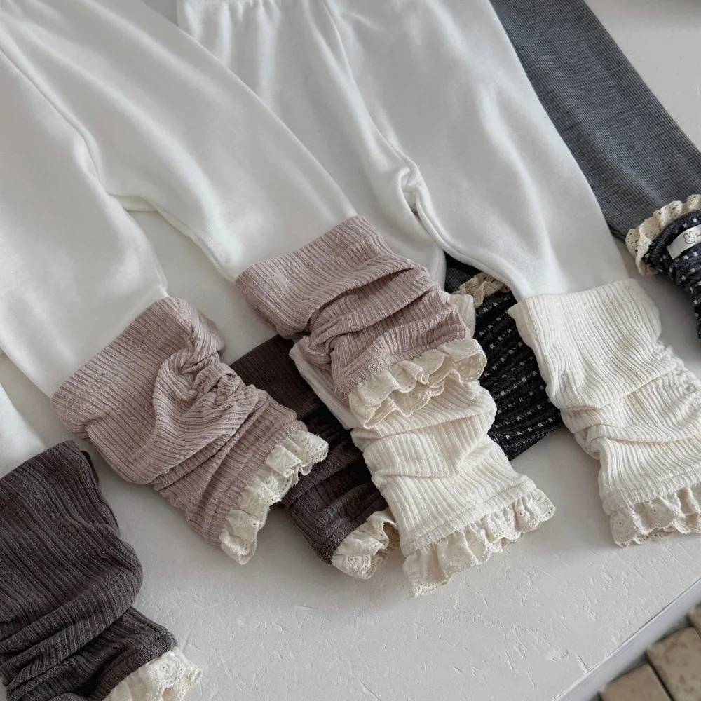 Herbstliche Mädchen-Strickstrumpfhose mit Spitzenrüschen, einfarbig, mit Baumwoll-Einsätzen, weiche, atmungsaktive Kinder-Leggings – Detail 10