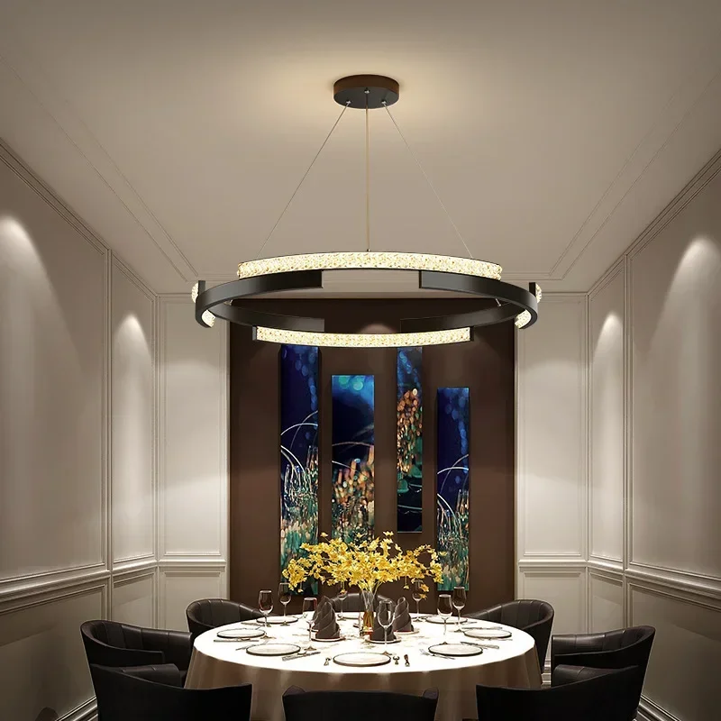 Modern Pendant Lights For Living Room Dining Kitchen Circle Rings LED Black Ceiling Hanging Lamp With Remote Dimmable