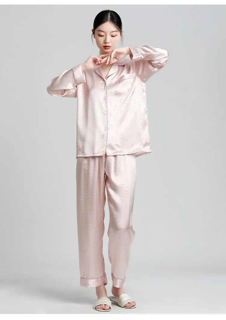 100% Real Mulberry Silk Pink Printed Women Pajama Set Spring Autumn Long Sleeve Pants Button Down Sleepwear 2 Piece Loungewear