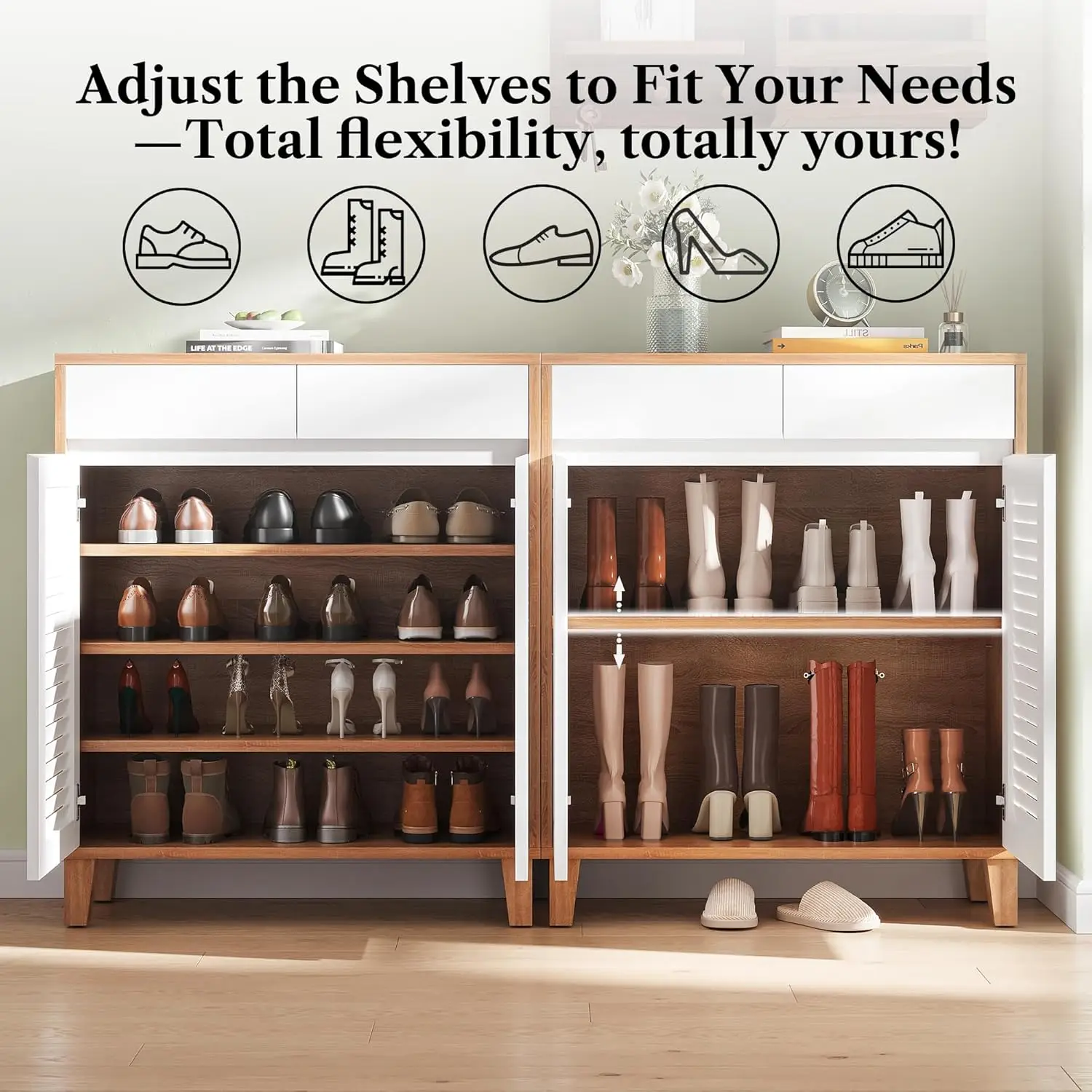 4-Tier Shoe Storage Cabinet with Drawer & Adjustable Shelves, Wooden Shoe Organizer Rack with Louvered Doors, Customized
