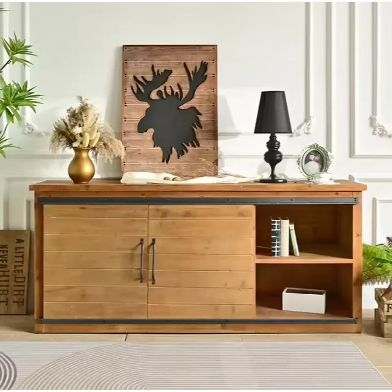 Rustic Style Wooden Tv Stand Cabinet Living Room Furniture With Slide Door and Storage Glass Metal Material