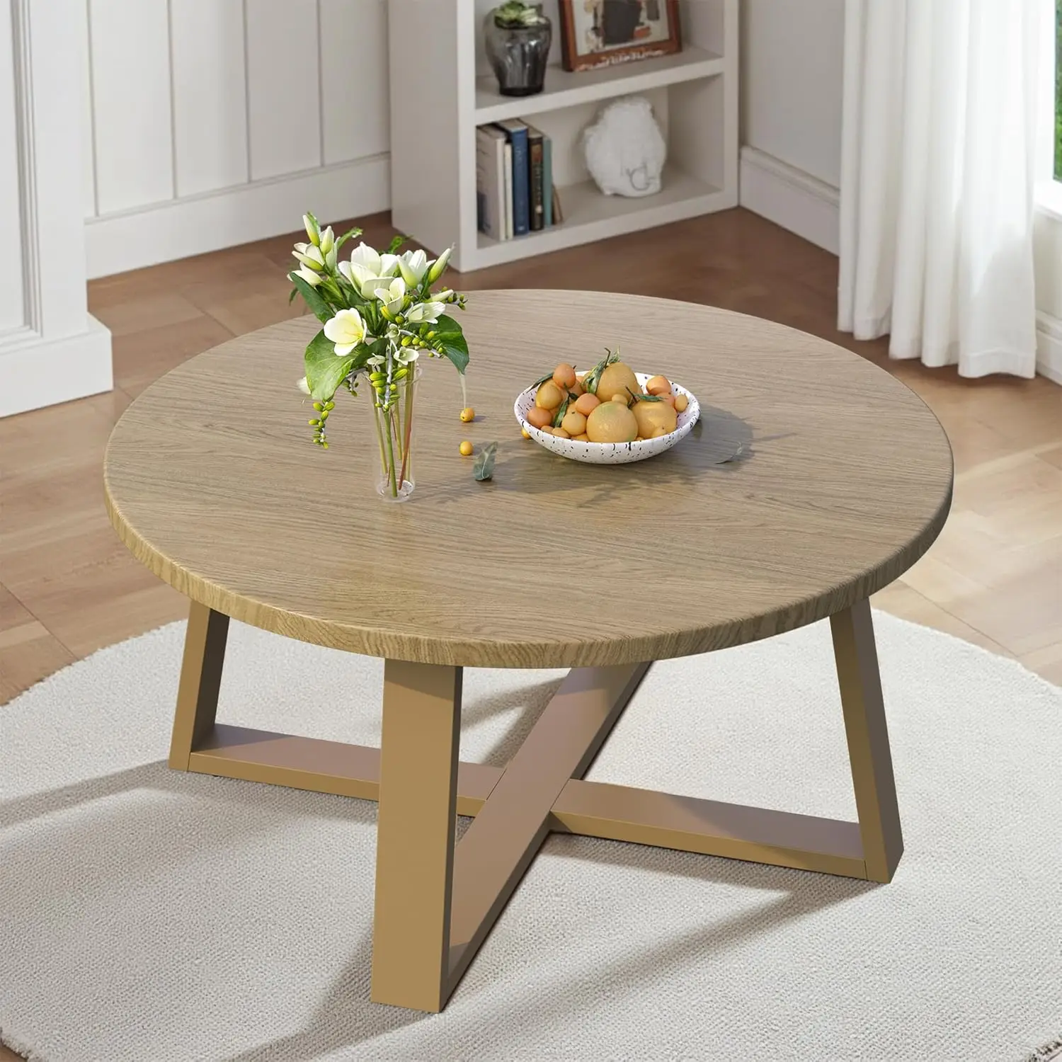 

Indoor Round Coffee Table With 35.5” Woodgrain Finish Table Top, Outdoor Metal Modern Side Table 125lbs For Backyard Porch