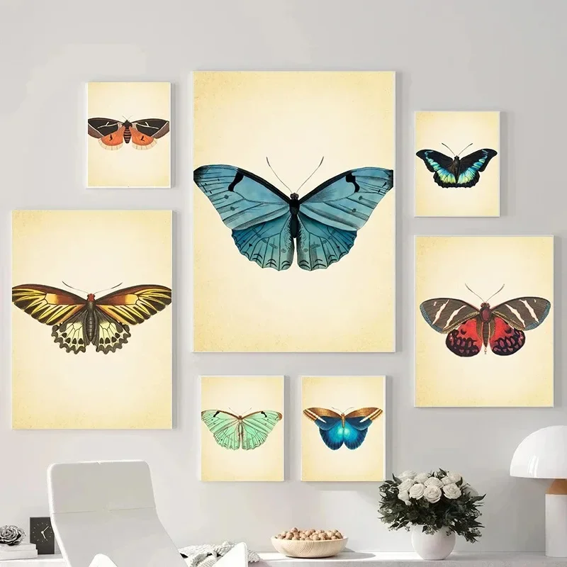 Vintage Blue Brown Green Orange Red Yellow Butterfly Minimalist Wall Art Print Canvas Painting Posters for Modern Home Decor
