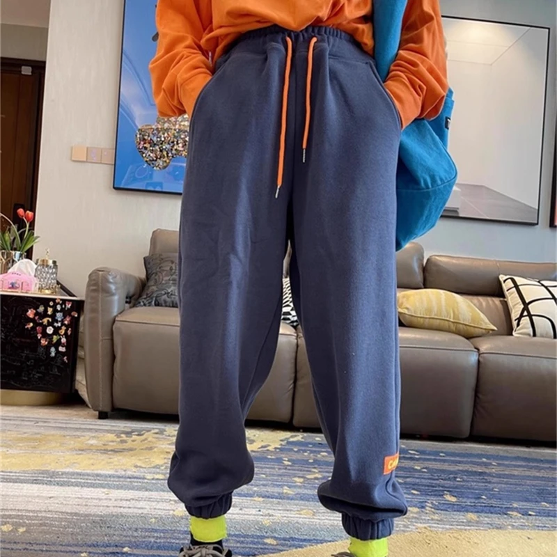 Winter losse pasvorm veelzijdige jogger hoge taille afslankende lange broek puur katoen fleece gevoerde verdikte trekkoord sport joggingbroek