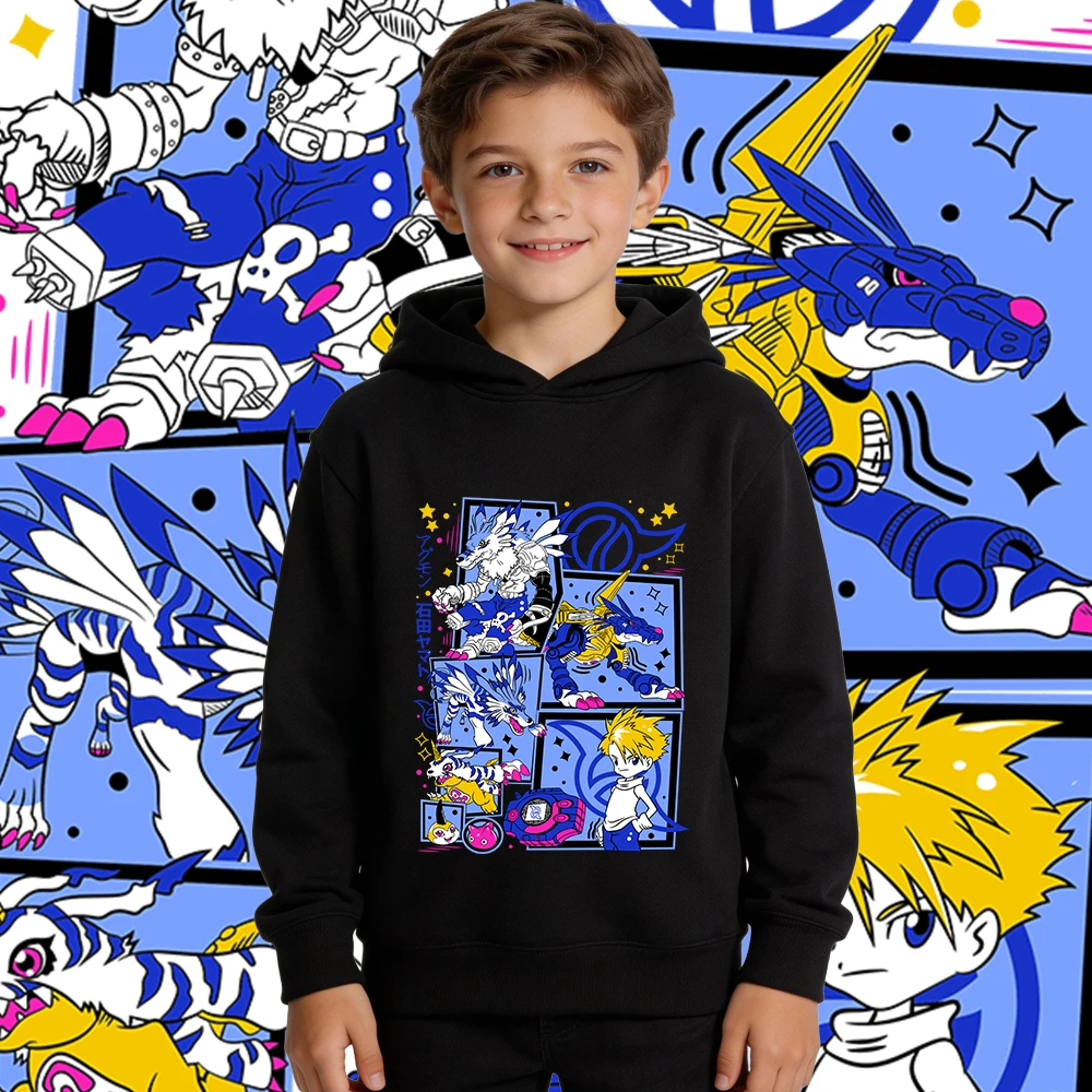 Digimon Ishida Yamato x Gabumon Anime Print Hoodie for Boys Girls Fleece Lined Warm Autumn Winter Kids Casual Pullover