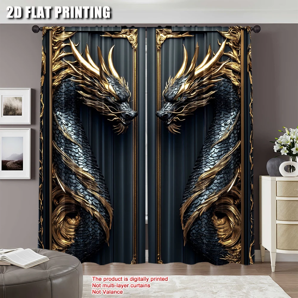2Pcs Dragon Totem On The Door Patterned Curtains Suitable For Bedroom Kitchen Dining Room Living Room Study Office Bathroom