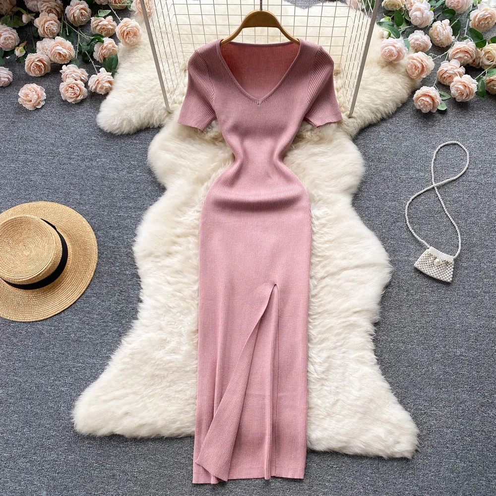 Sexy Elastic Knit Split Bodycon Dress Short Sleeve V Neck Women Elegant Korean Fashion Vestidos Summer Slim Wrap Pencil Dress