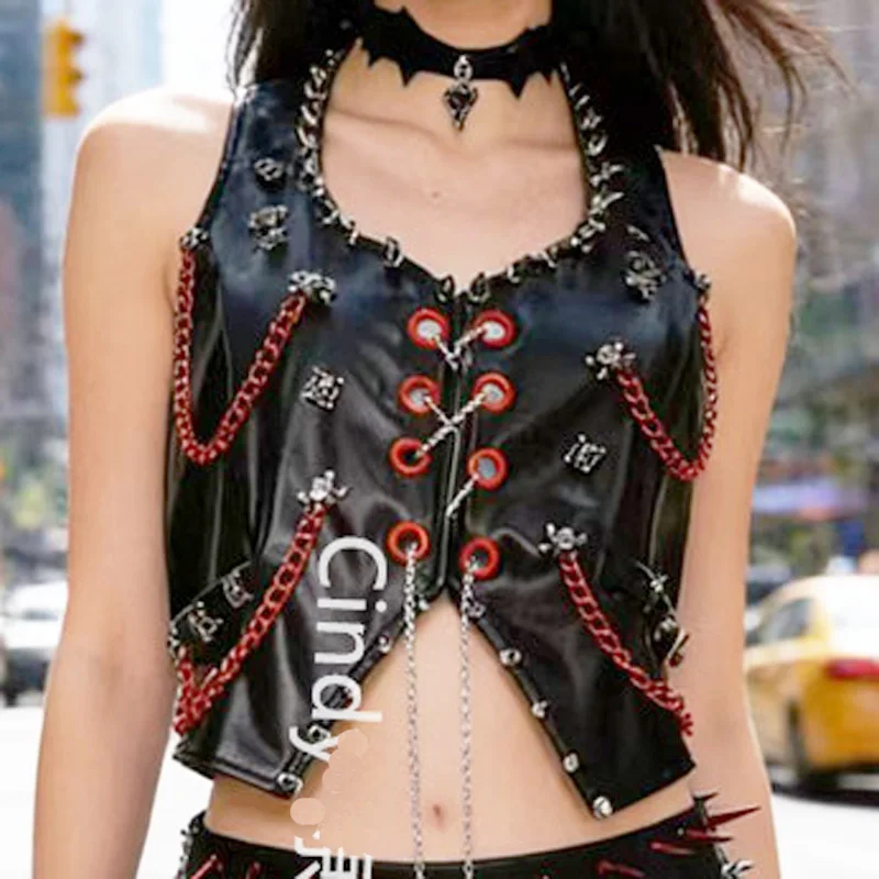 Punk Subculture Spicy girl Sleeveless PU leather rivet chain vest  Punk Gothic motorcycle rivet leather vest top for Women