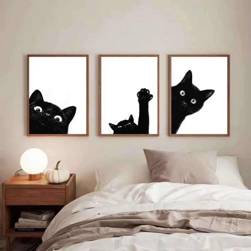 3pcs/setCute Peeking Black Cat Funny Cat Face Modern Poster and Prints Canvas Printing Minimalist Wall Art Picture for Living