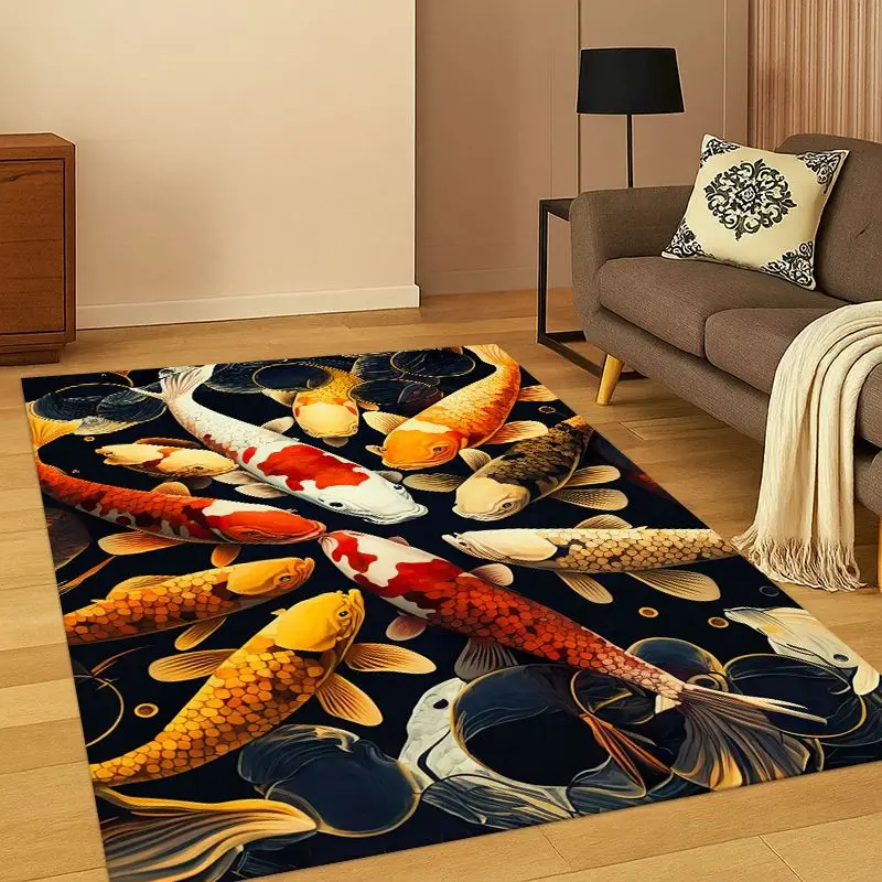 GOOD LUCK Koi Fish Yin Yang Carp Cartoon Carpet Rug for Bedroom Living Room Sofa Playroom Doormat Home Decor,Area Rug Non-slip