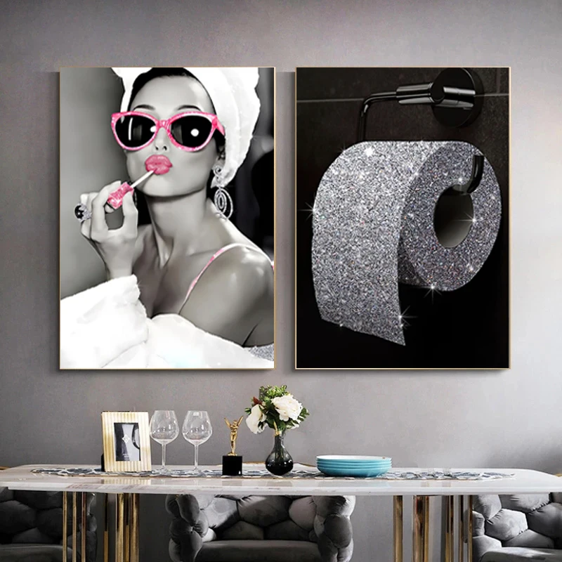 Fashion Sexy Woman Poster Print Girl Drinking Bar Canvas Painting Bling Toilet Roll Paper Picture Modern Wall Art Bathroom Decor