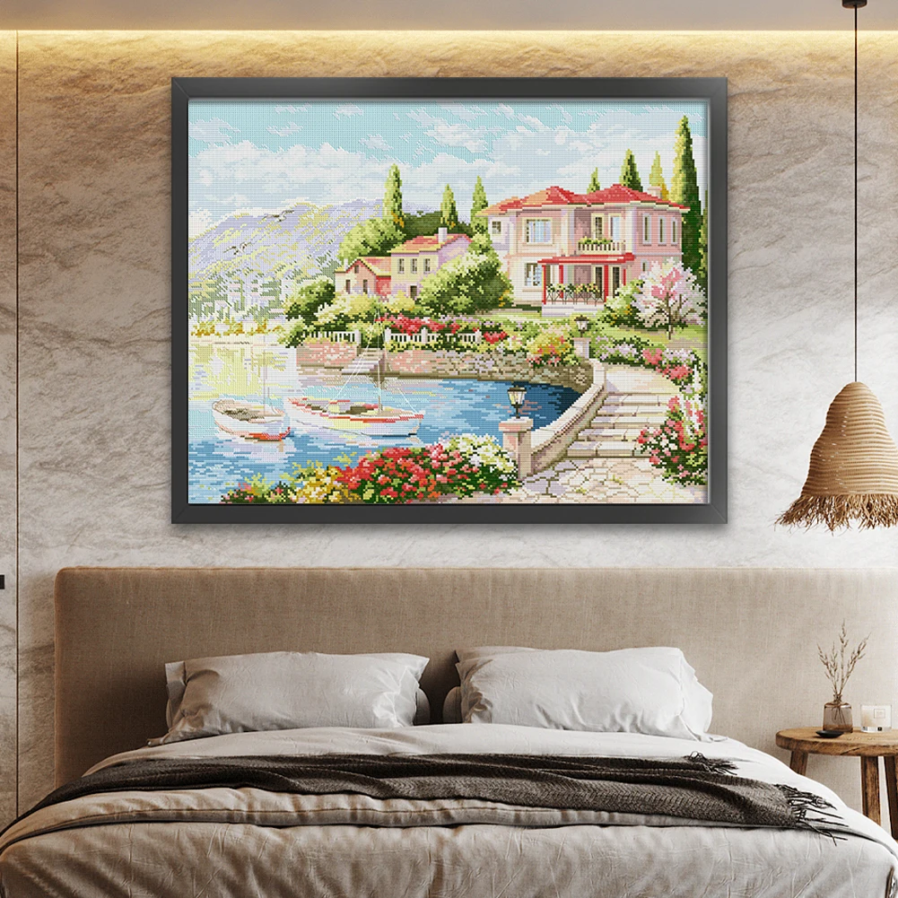 Full Embroidery cotton Thread 11CT Printed Lake Como Cross Stitch 66x55cm
