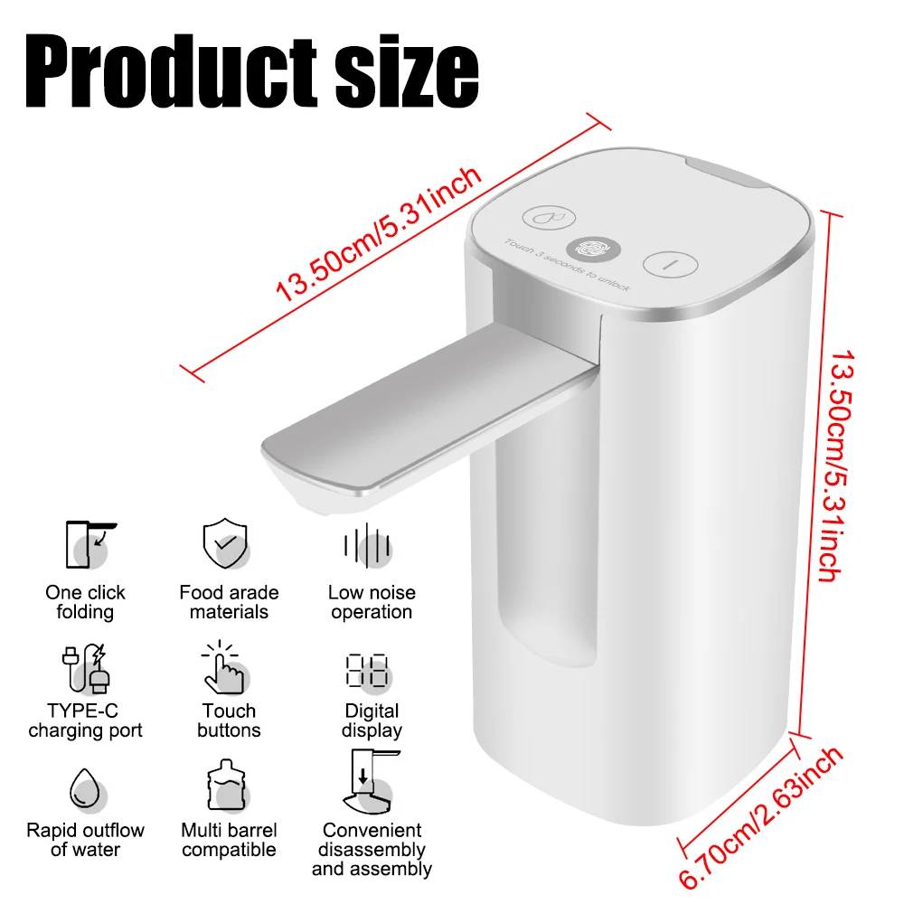 Smart Display Folding Fingerprint Electric Water Absorber Touch Control Water Bottle Dispenser Pump Button Dispenser