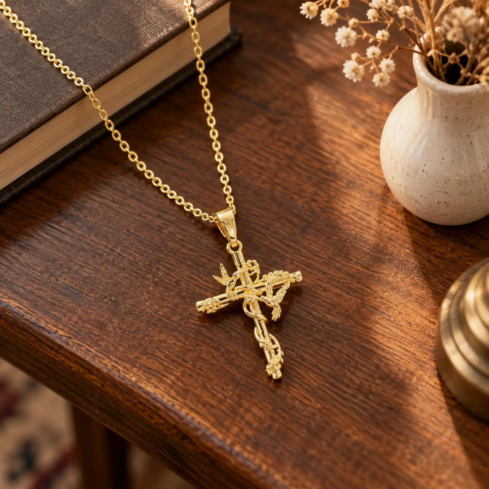 Three Dimensional Botanical Cross Pendant Necklace Gold Plated for Women Vintage Style Layered Jewelry