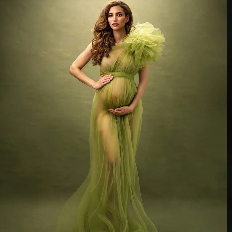 Elegant Soft Tulle Maternity Dresses Photoshoot Sleeveless Puffy Long Sexy See Through Tulle Maternity Robes For Photography